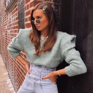 Zara Robin’s Egg Minty Blue Green Strong Shoulder Sweater